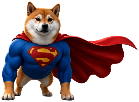 Super Inu, un Shiba musculoso con traje azul y capa roja, montando guardia