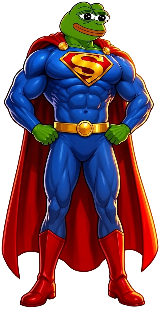 Super Pepe 双手叉腰,英姿飒爽地站着,身穿蓝色战衣,披着红色披风,系着金色腰带